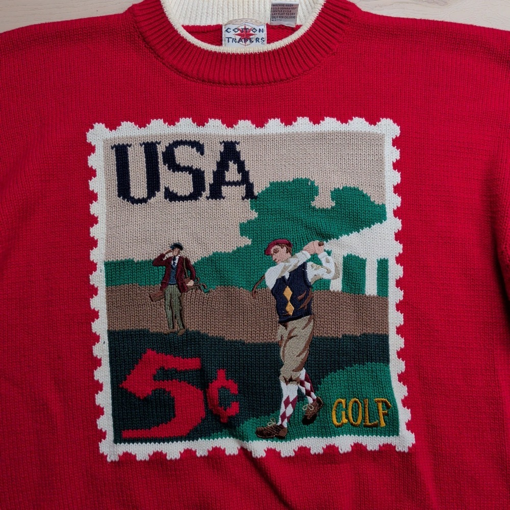 Vintage 90s‎ Cotton Traders Sweater Mens L Golf Postage Stamp Knit USA Americana - Picture 3 of 13